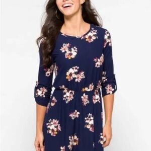 French Grey Navy Blue 3/4 Sleeve Floral Print Dress, Size Medium, New With Tags